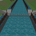 Scenic Garden Landscape with Water Channel Wooden Railings and Pink Flowering Trees