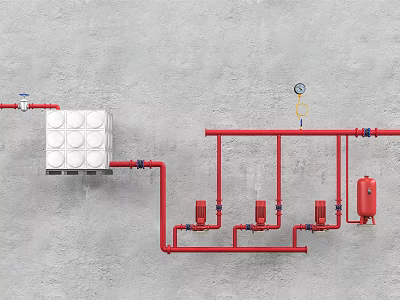 Red Pipeline System With White Equipment Pressure Gauge And Red Valves On Gray Wall 3d model