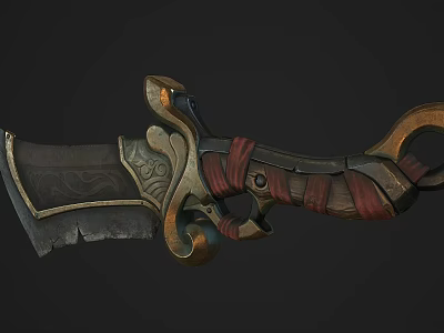 Ancient Decorative Weapon With Intricate Carvings Red Straps And Ornate Hilt 3d model