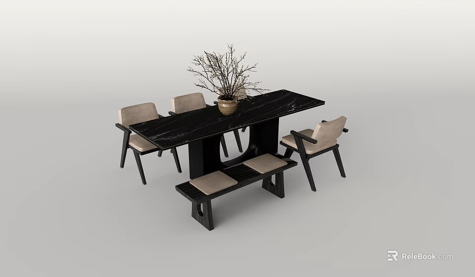 Modern Black Rectangular Dining Table Set with Chairs Bench and Dried Branch Vase 3d model