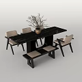 Modern Black Rectangular Dining Table Set with Chairs Bench and Dried Branch Vase 3d model