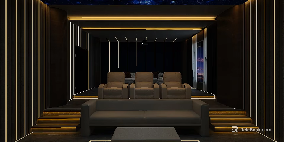 Home Theater Room With Starry Sky Ceiling Comfortable Leather Sofa And Lighting Design 3d model 