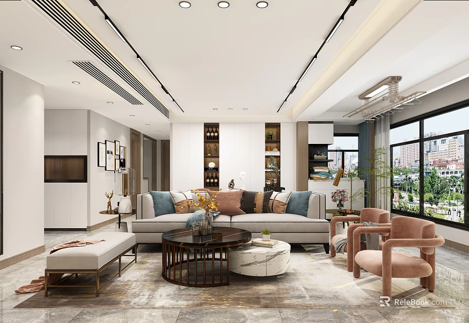 Modern Elegant Open Plan Living And Dining Room Interior Design With Cozy Furnishings And Large Windows 3d model 