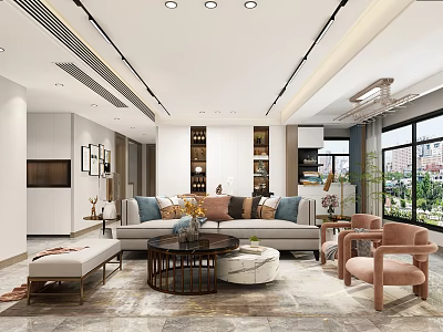 Modern Elegant Open Plan Living And Dining Room Interior Design With Cozy Furnishings And Large Windows 3d model