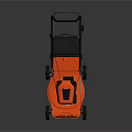 Orange Hand Push Lawn Mower With Black Handle And White Wheels Standing On Dark Background