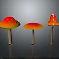 Three Colorful Vibrant Mushrooms with Orange Red Gradient Spotted Caps and Wooden Stems