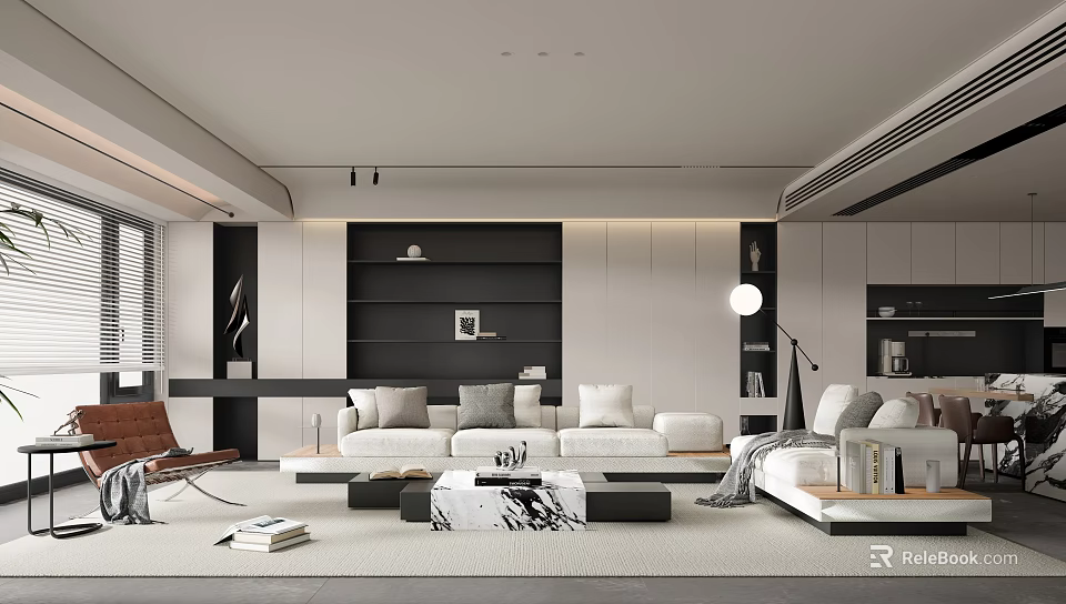 Modern Living Dining Room Interior With White Sofa Coffee Table And Floor Lamp 3d model 