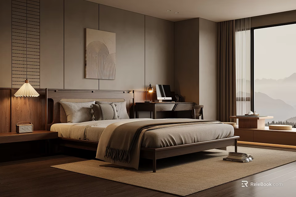 Modern Bedroom Interior Design With Bed Nightstand Table Lamp Desk Wall Art And Wooden Floor 3d model 