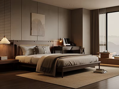 Modern Bedroom Interior Design With Bed Nightstand Table Lamp Desk Wall Art And Wooden Floor 3d model