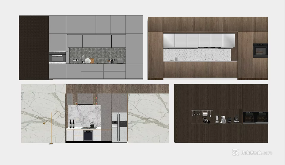 Modern Kitchen Interior Design With Gray And Wooden Cabinets And Countertops 3d model 