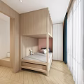 Kids Room Interior Design With Wooden Bunk Bed Staircase Desk And Blue Accent Wall