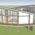 Modern Residential Building with Glass Windows Stone Wall Balcony Railings and Trees