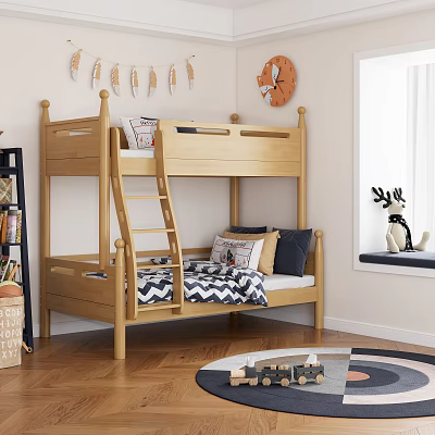 Wooden Bunk Bed In Kids Room With Ladder Pillows And Wall Clock Decor 3d model