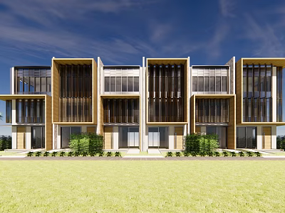Modern Townhouse Exterior With Multiple Units Glass Windows Front Lawn And Greenery 3d model
