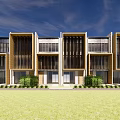 Modern Townhouse Exterior With Multiple Units Glass Windows Front Lawn And Greenery