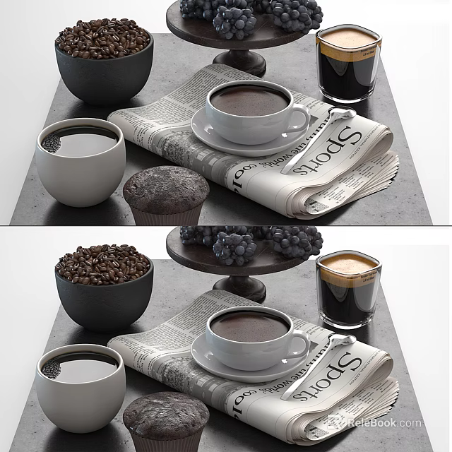 Warm Coffee Beverage in Ceramic Cup with Newspaper Muffin Coffee Beans and Grapes 3d model 