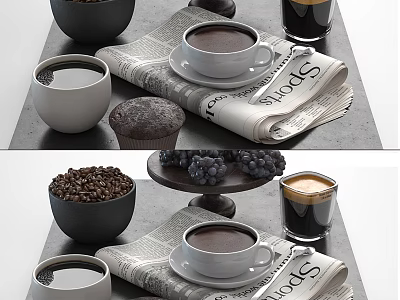 Warm Coffee Beverage in Ceramic Cup with Newspaper Muffin Coffee Beans and Grapes 3d model