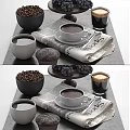 Warm Coffee Beverage in Ceramic Cup with Newspaper Muffin Coffee Beans and Grapes