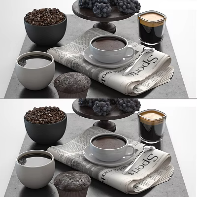 Warm Coffee Beverage in Ceramic Cup with Newspaper Muffin Coffee Beans and Grapes 3d model
