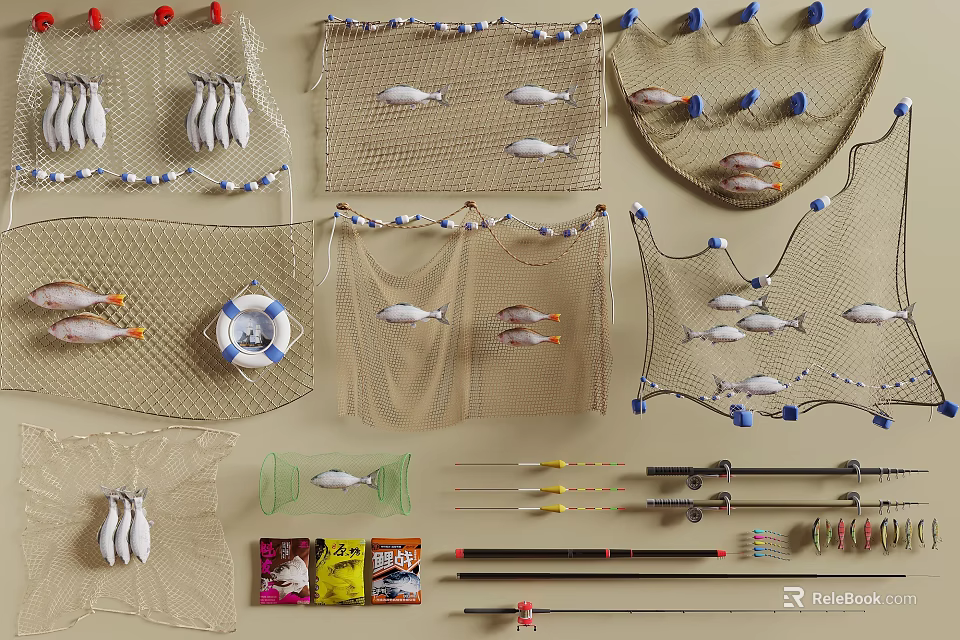 Practical Fishing Supplies Including Nets Lures Rods And Lifebuoy For Daily Use 3d model 