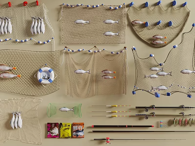 Practical Fishing Supplies Including Nets Lures Rods And Lifebuoy For Daily Use 3d model