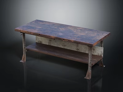 Vintage Industrial Style Wooden Table With Metal Legs And Lower Shelf 3d model