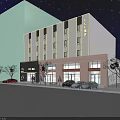 Modern Multi Story Hotel Building Exterior With Glass Doors Outdoor Seating And Trees At Night