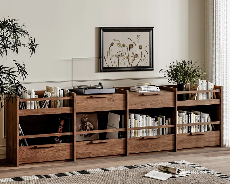 Wooden Bookcase With Shelves Drawers Books Decorative Plants And Wall Art In Home Interior 3d model 
