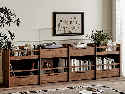 Wooden Bookcase With Shelves Drawers Books Decorative Plants And Wall Art In Home Interior 3d model