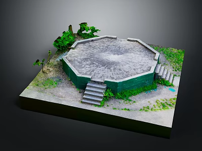 Realistic Model Scene of Octagonal Structure With Stone Steps Green Vegetation and Ruined Ground 3d model