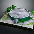 Realistic Model Scene of Octagonal Structure With Stone Steps Green Vegetation and Ruined Ground