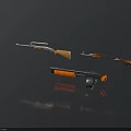 Different Types of Firearms with Orange Components on Dark Reflective Background