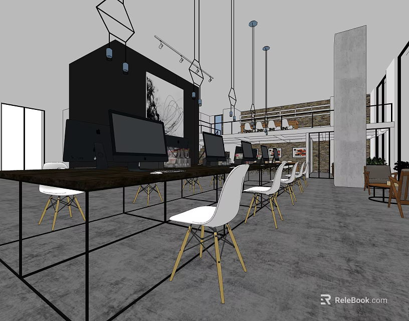 Modern Public Office Space Interior With Long Worktable White Chairs And Hanging Lights 3d model 