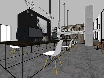 Modern Public Office Space Interior With Long Worktable White Chairs And Hanging Lights 3d model