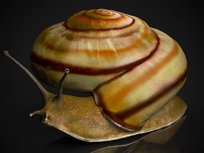 Reptile Snail with Brown Yellow Striped Spiral Shell and Antennae on Reflective Surface 3d model