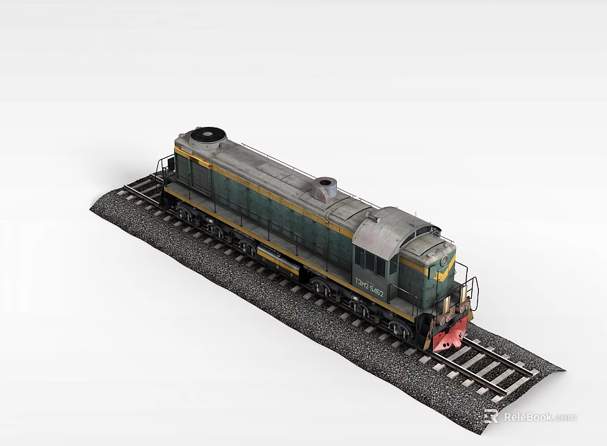 Vintage Green and Yellow Miniature Model Train on Detailed Railroad Tracks 3d model 