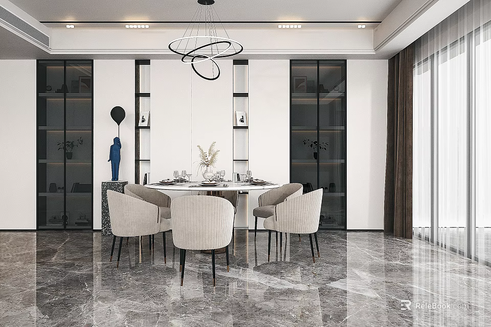 Elegant Modern Dining Table Set With Round Table Four Chairs And Marble Floor 3d model