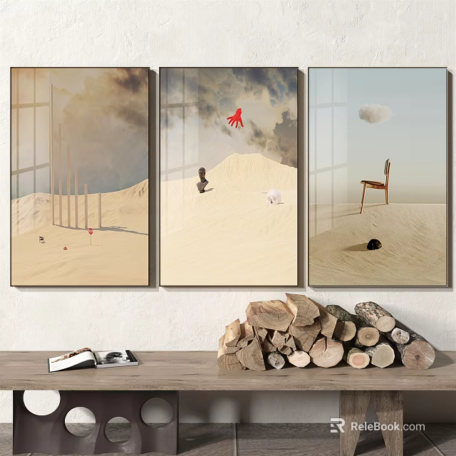 Three Panel Desert Scene Wall Art With Window Frames Interior Decor And Firewood 3d model