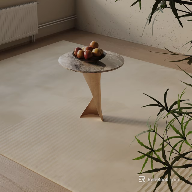 Minimalist Modern Side Table With Marble Top Fruit Bowl And Green Plant On Light Rug 3d model 