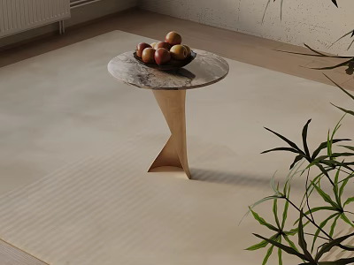 Minimalist Modern Side Table With Marble Top Fruit Bowl And Green Plant On Light Rug 3d model