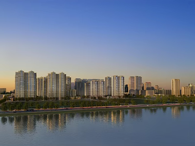 Dusk Perspective of Modern Residential District Residence Along the Lake 3d model