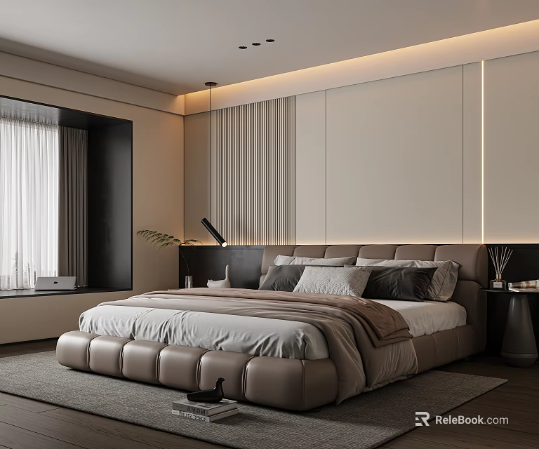 Modern Bedroom Interior Design With Upholstered Bed Frame Plush Pillows Ambient Lighting And Area Rug 3d model 