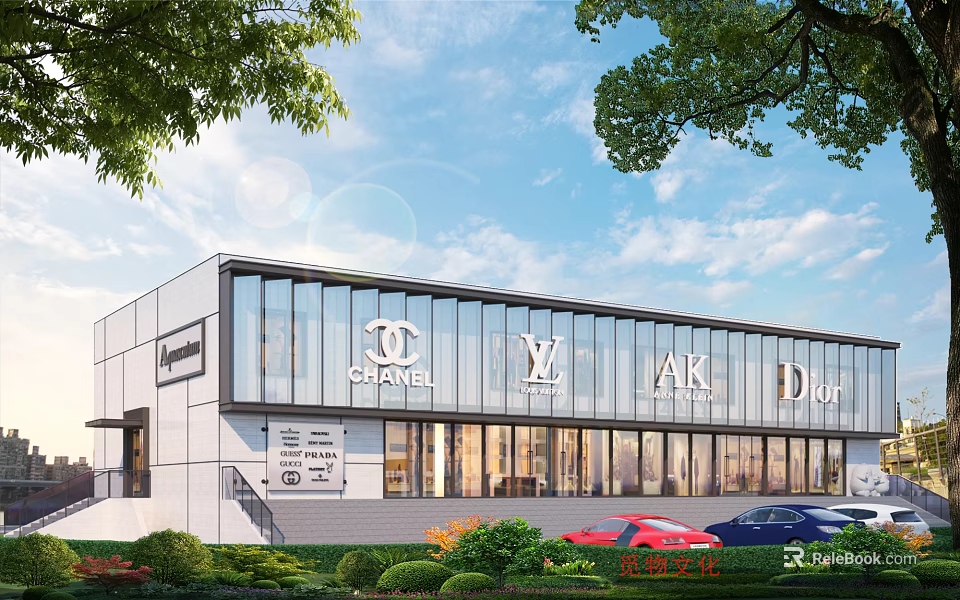 Luxury Commercial Street With Modern Glass Facade Famous Brand Stores And Green Trees 3d model 