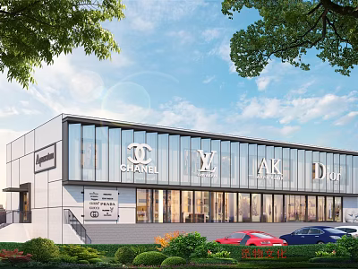 Luxury Commercial Street With Modern Glass Facade Famous Brand Stores And Green Trees 3d model