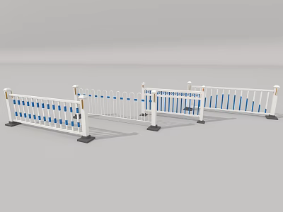 White Metal Fence With Blue Vertical Railings And Decorative Posts For Road Safety 3d model