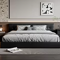 Modern Bedroom Interior With Bed Headboard Decorative Artwork Patterned Wallpaper And Armchair