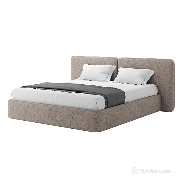 Modern Double Bed With Upholstered Headboard White Sheets Gray Blanket And Pillows 3d model