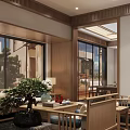 Elegant Modern Tea House Interior With Wooden Bookshelves Chandelier Long Table Sofa And Rug