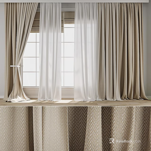 Elegant Beige Curtains With White Sheer Layers For Window Interior Design 3d model 