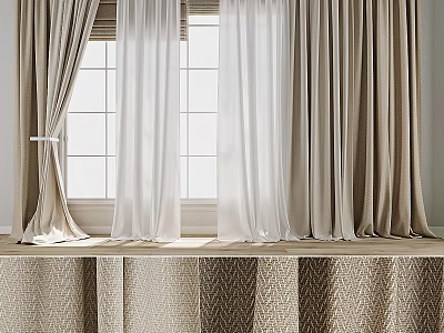 Elegant Beige Curtains With White Sheer Layers For Window Interior Design 3d model
